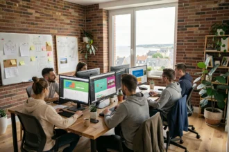Bureau d'une agence de création de sites internet en Normandie avec des professionnels travaillant sur des maquettes web