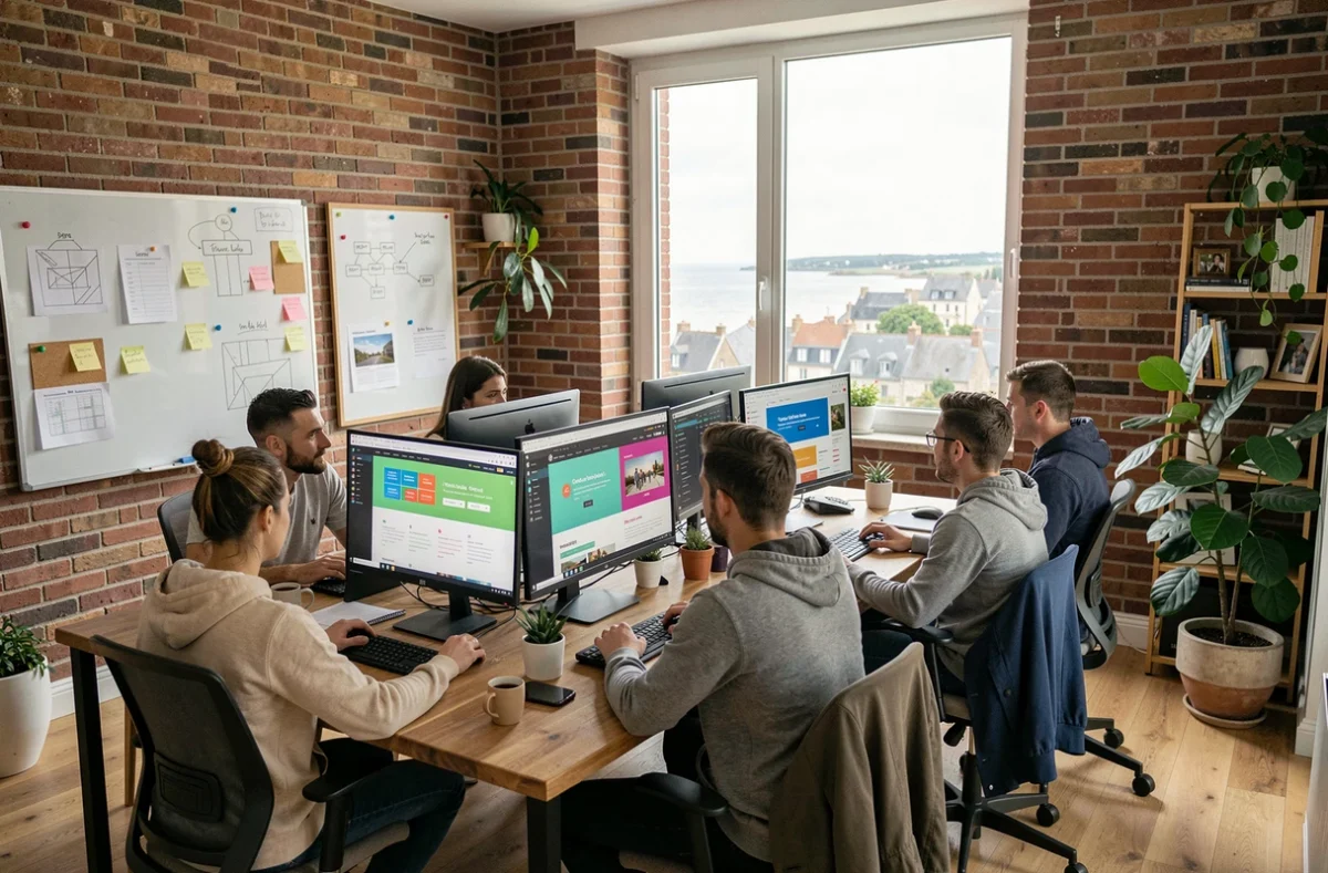 Bureau d'une agence de création de sites internet en Normandie avec des professionnels travaillant sur des maquettes web
