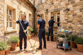 Équipe de nettoyage professionnelle au travail dans une cour provençale ensoleillée, illustrant les meilleures sociétés de nettoyage en PACA