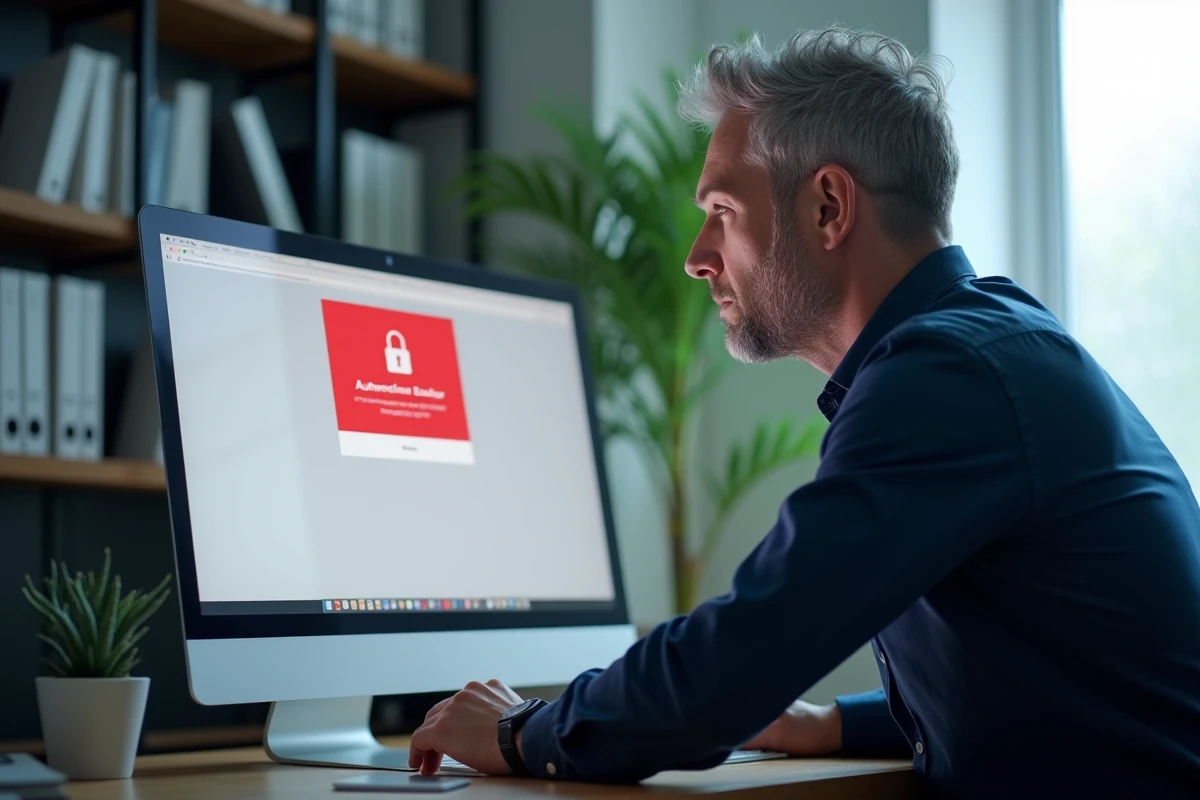 Homme consultant un message d'erreur d'authentification sur un portail RH en ligne depuis son bureau