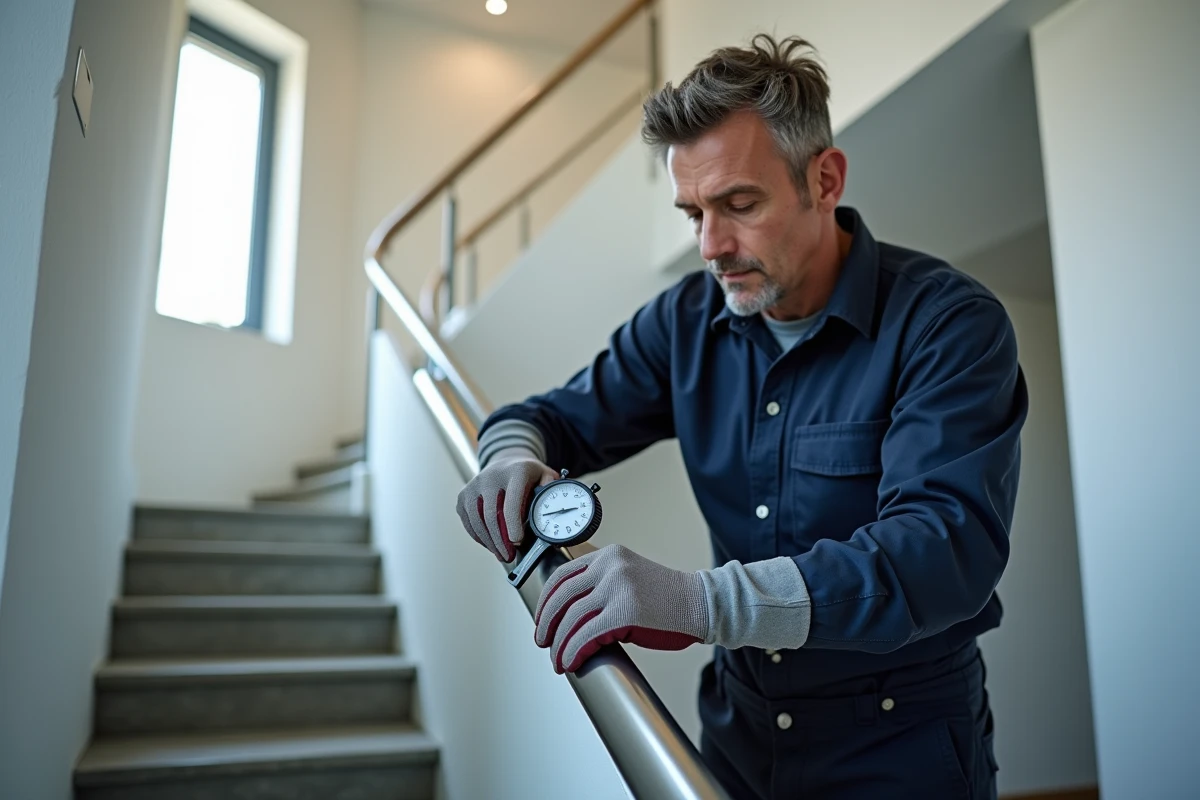Installateur mesurant le diamètre d'un tube inox pour garde-corps sur un chantier d'escalier intérieur résidentiel