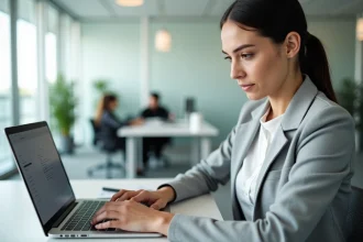 Femme en blazer gris mettant à jour ses coordonnées personnelles sur un portail RH depuis son ordinateur portable au bureau