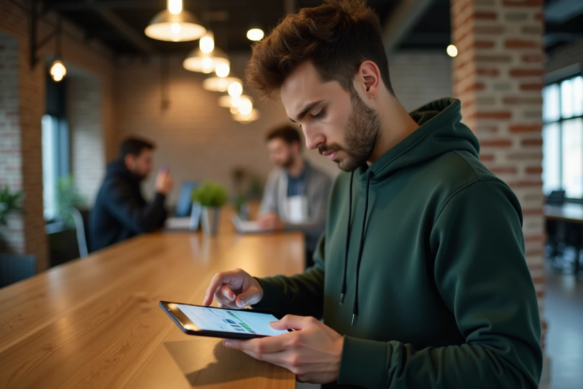 Jeune homme utilisant une tablette dans un espace de coworking pour mettre à jour ses coordonnées sur un portail employé sécurisé