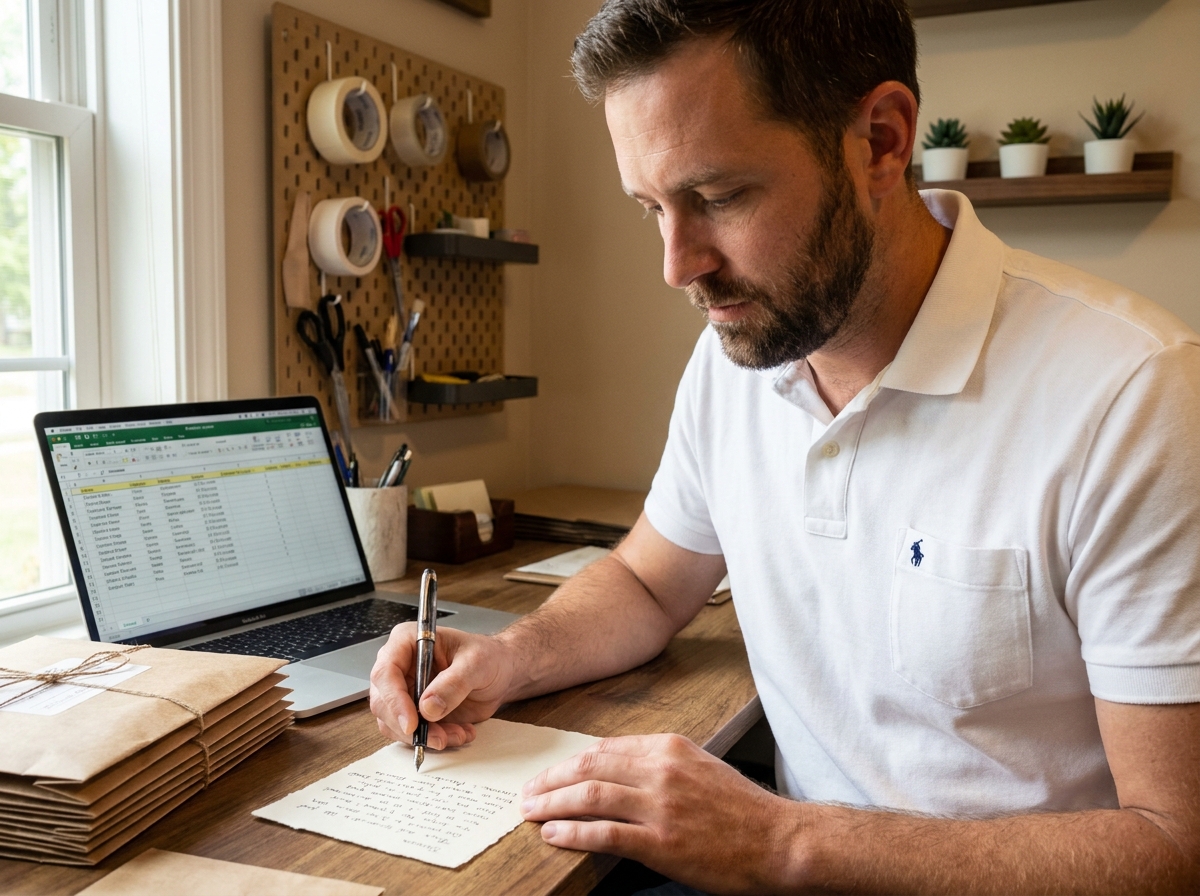 Entrepreneur rédigeant une note de remerciement manuscrite pour fidéliser ses clients dans un bureau de petite entreprise
