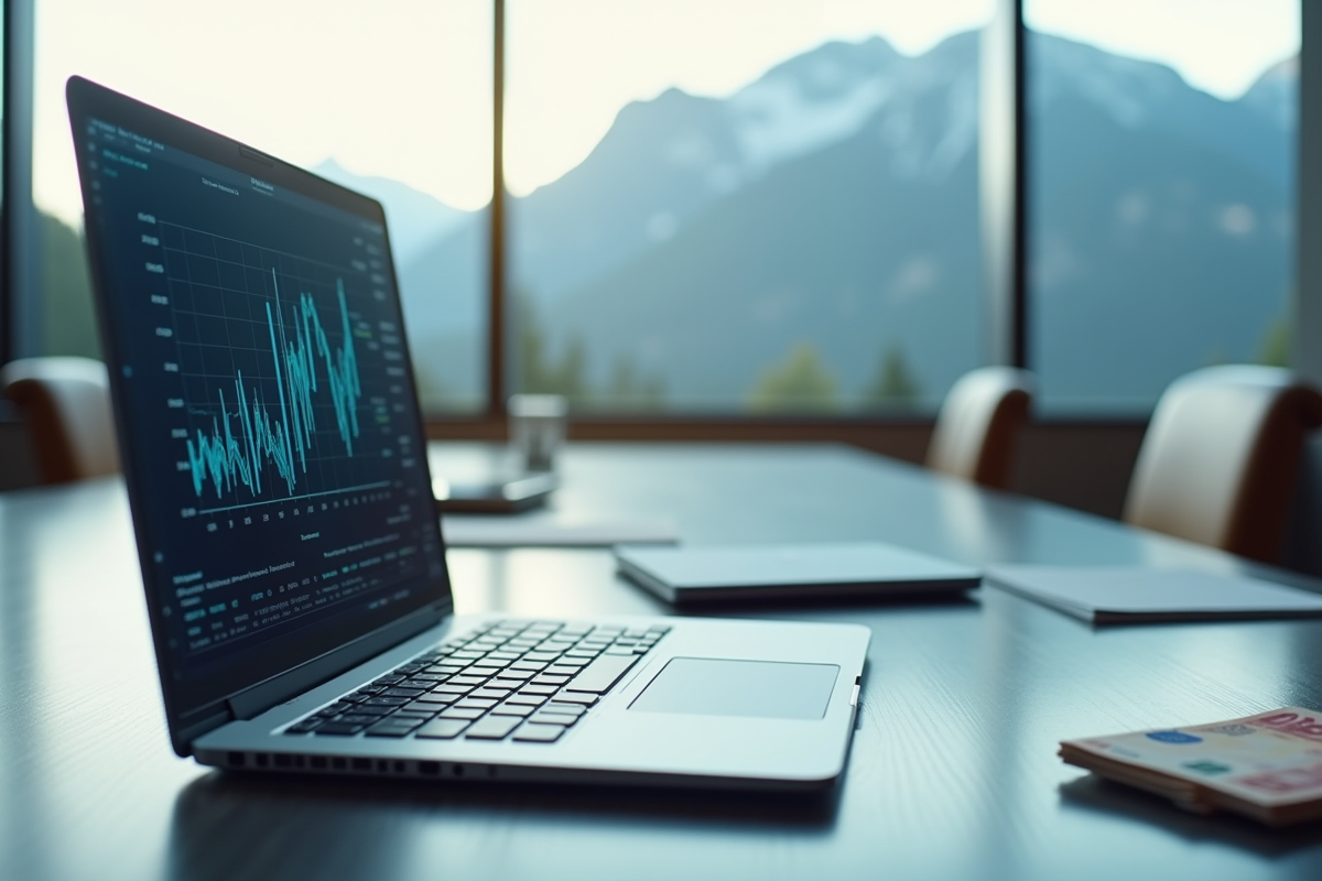 Ordinateur avec graphiques financiers et documents