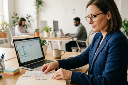Femme professionnelle organisant des dossiers d'entreprise sur son bureau avec un ordinateur affichant une arborescence de fichiers