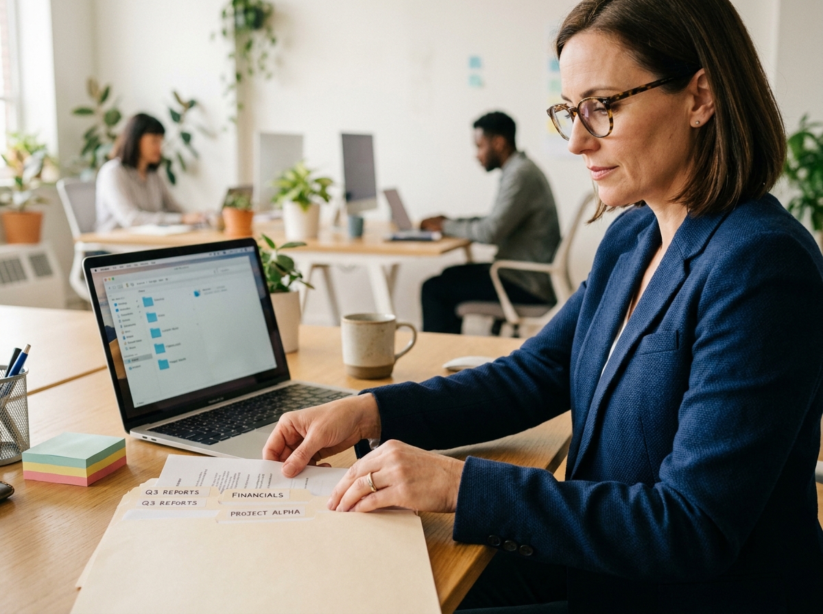 Femme professionnelle organisant des dossiers d'entreprise sur son bureau avec un ordinateur affichant une arborescence de fichiers