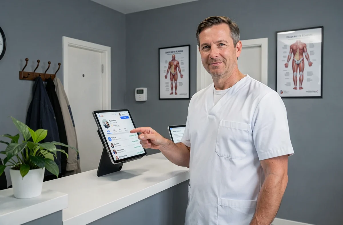 Ostéopathe indépendant à Strasbourg consultant sa fiche Google My Business pour améliorer sa visibilité locale