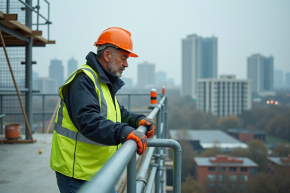 Ouvrier de construction inspectant une barrière métallique en hauteur