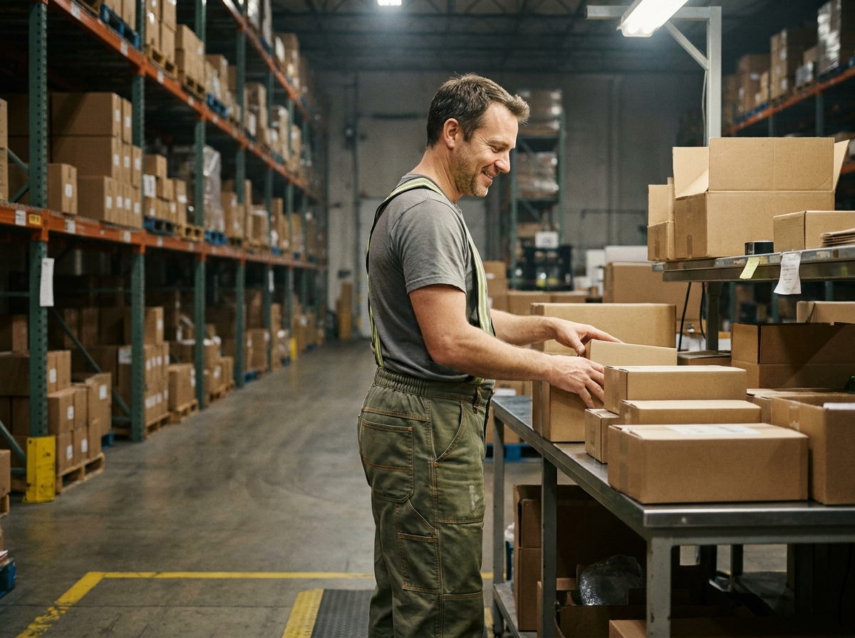 Employé logistique en entrepôt portant un pantalon de travail vert olive avec renforts et taille élastiquée