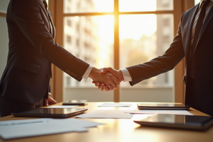 Deux professionnels serrant la main dans un bureau moderne