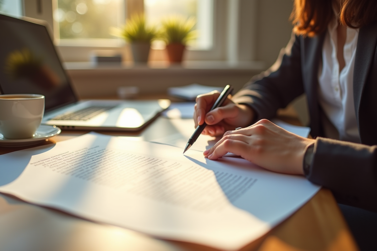 Personne prenant des notes sur un courrier dans un bureau ensoleille