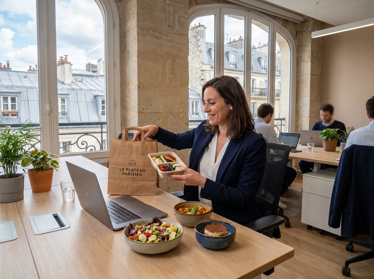 Une professionnelle parisienne déballant un plateau repas commandé au bureau dans un open space moderne