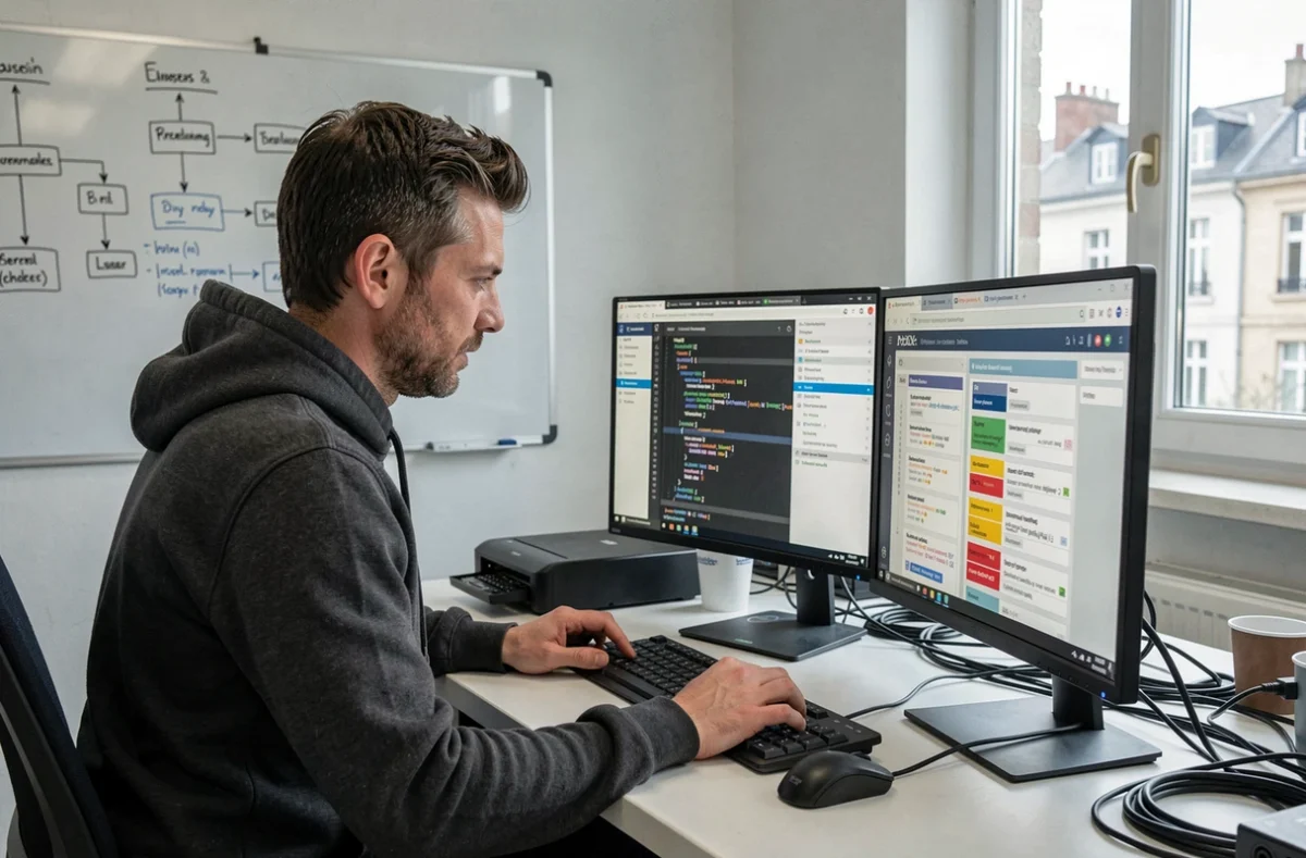 Développeur de Pragmea concentré sur un projet d'application web dans un bureau technique organisé