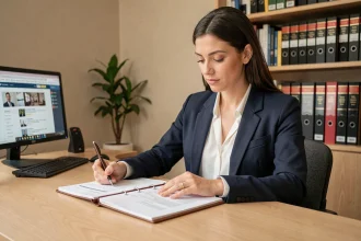 Femme professionnelle préparant un entretien d'embauche pour un poste de notaire en prenant des notes sur une offre d'emploi