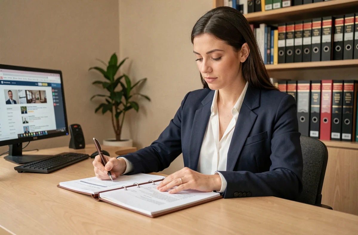 Femme professionnelle préparant un entretien d'embauche pour un poste de notaire en prenant des notes sur une offre d'emploi