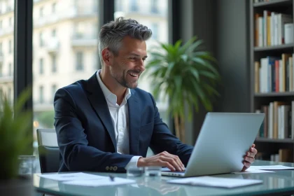 Homme d'affaires souriant analysant des donn&eacute;es marketing dans un bureau parisien