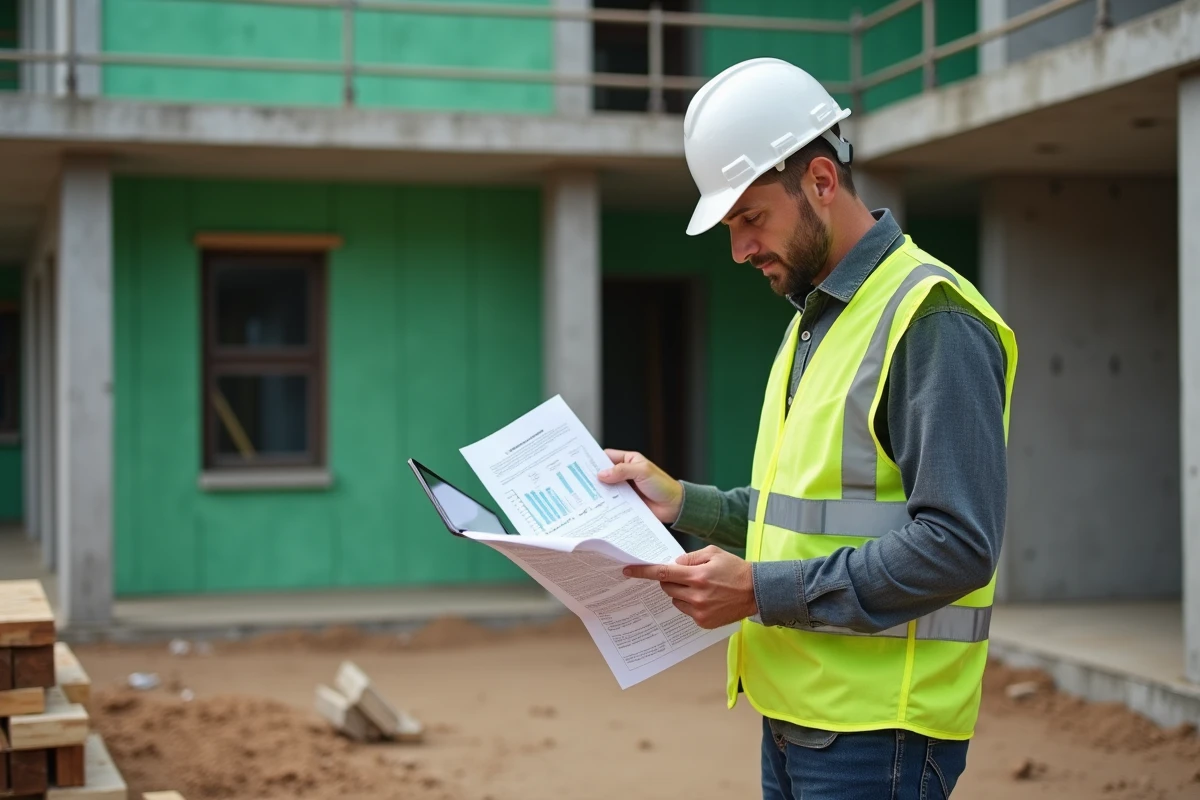 Professionnel du BTP consultant des documents sur les normes écologiques sur un chantier de construction en cours