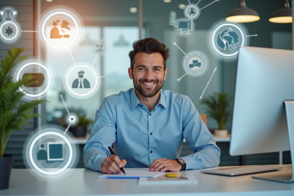 Professionnel souriant au bureau avec icônes de services