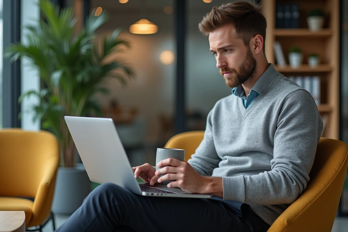Jeune professionnel consultant l'intranet Inetum sur son ordinateur portable dans un espace lounge de bureau