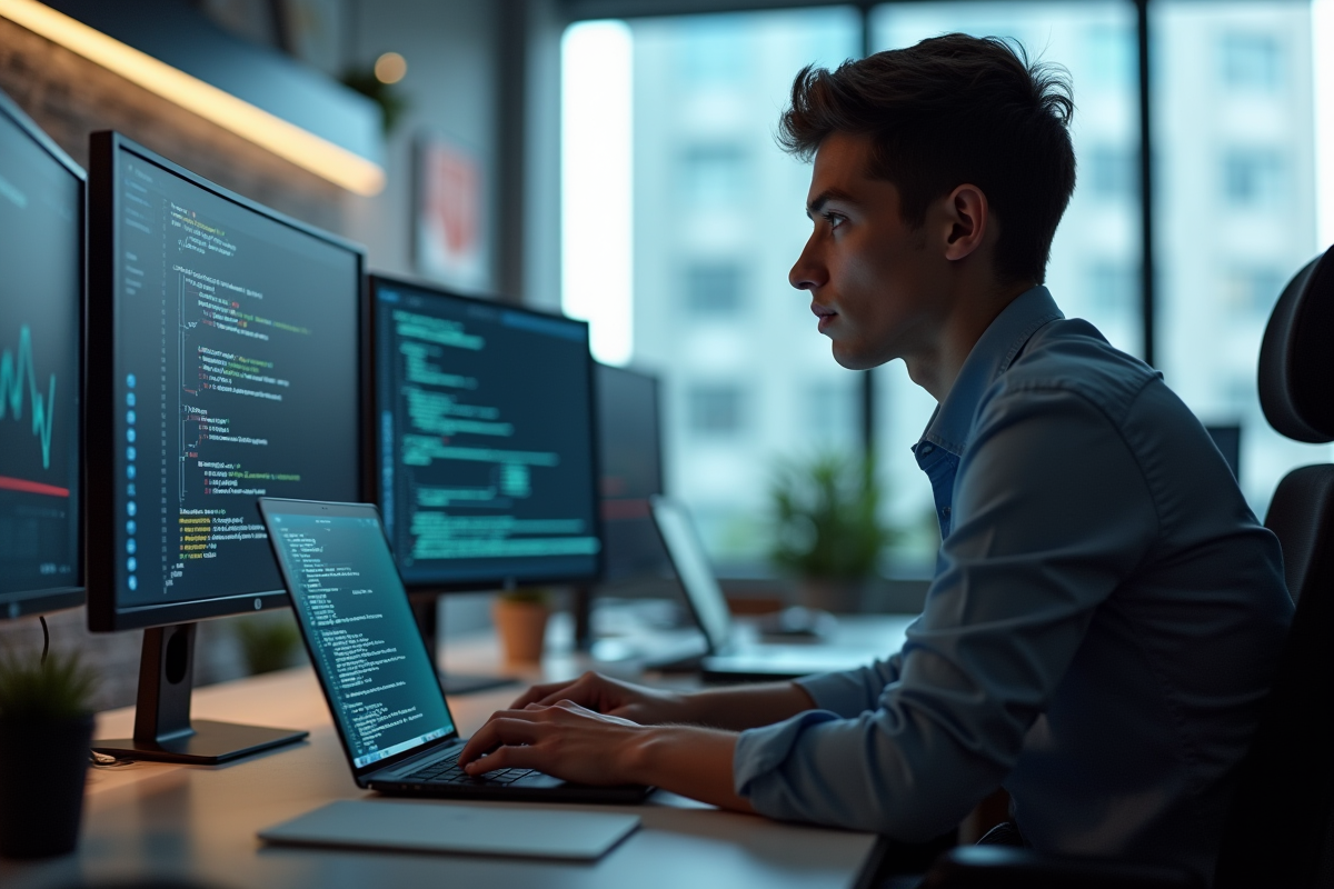 Jeune professionnel travaillant sur un ordinateur dans un bureau moderne