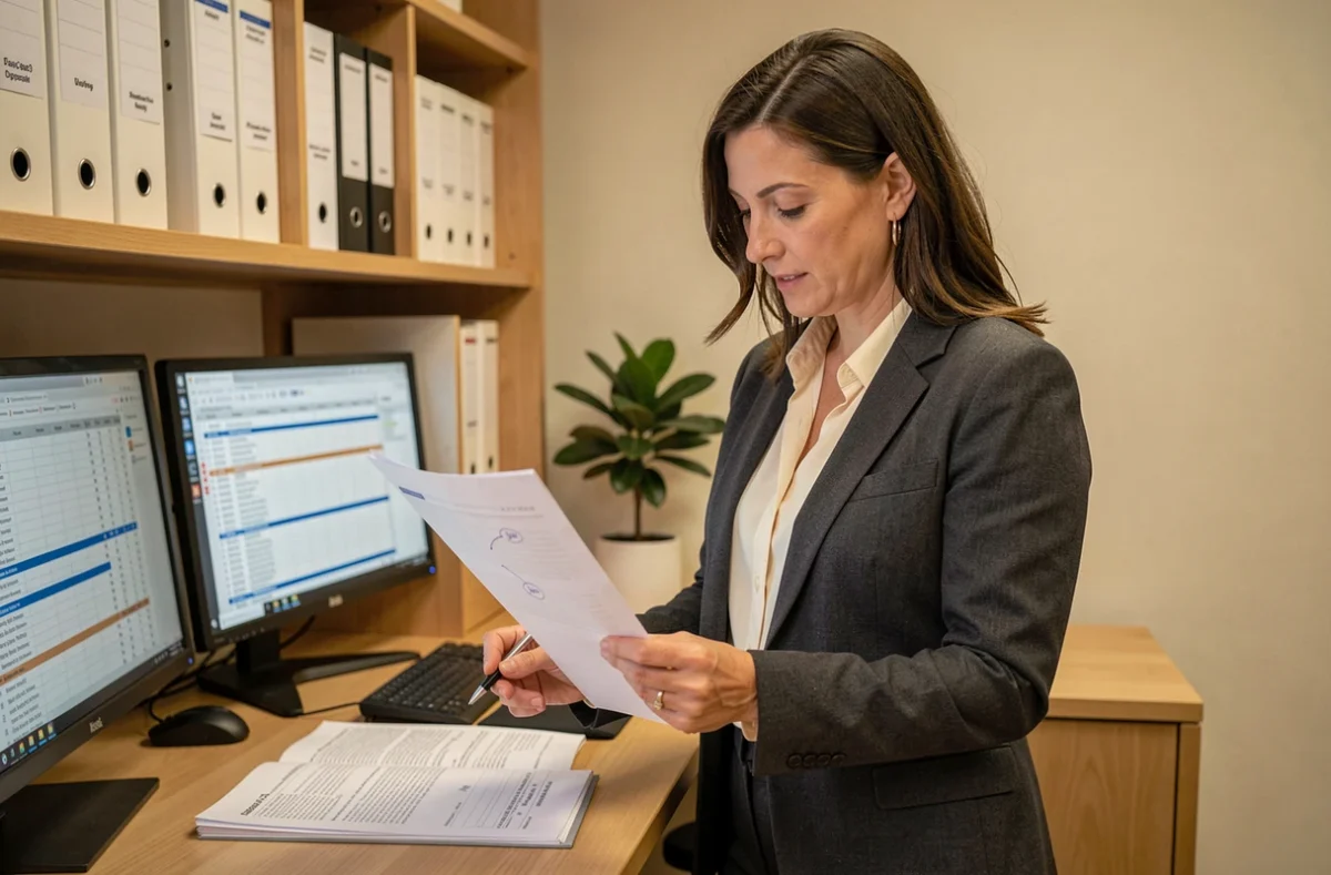 Professionnelle analysant un rapport d'audit détaillé dans un bureau privé organisé avec étagères et écrans