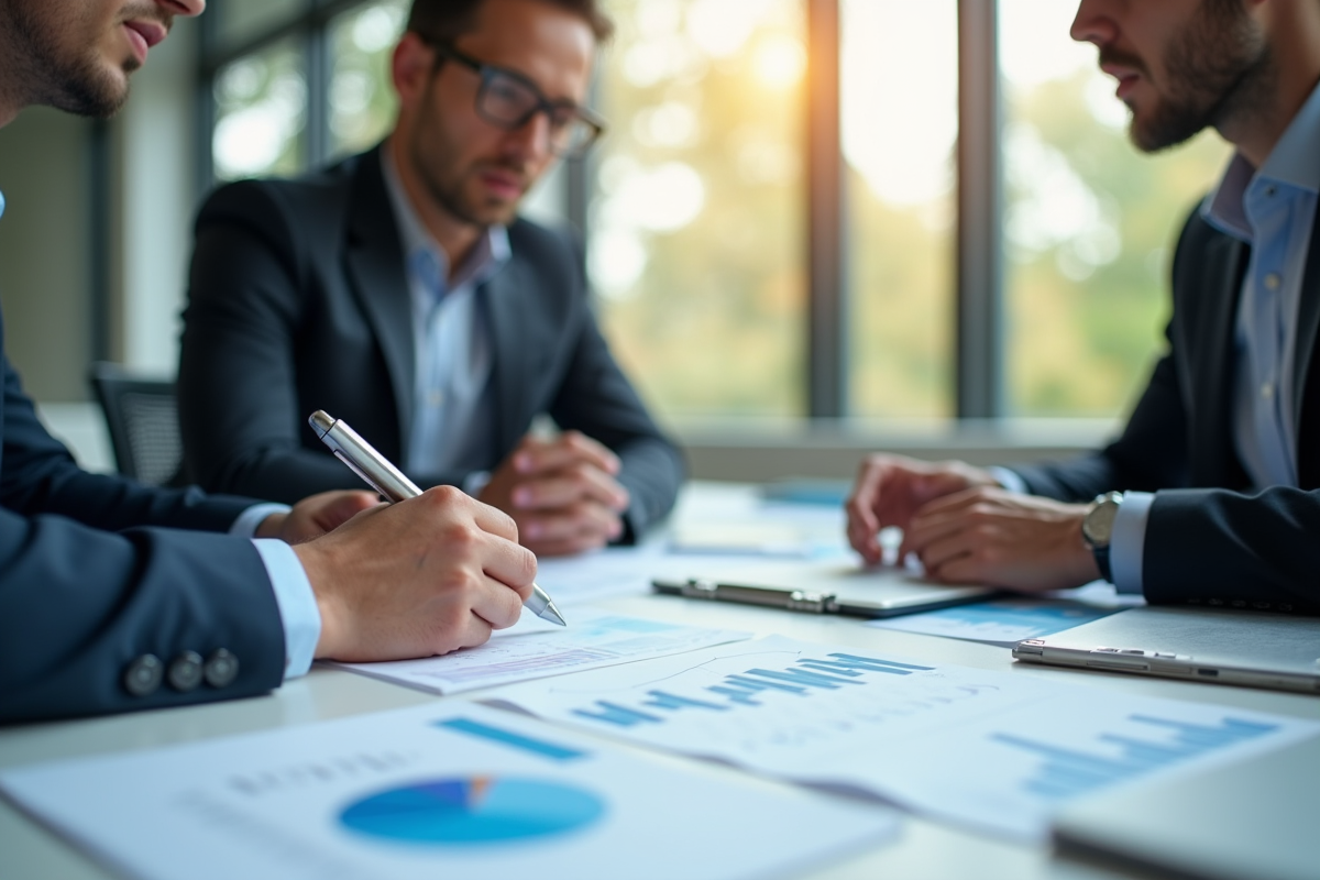 Deux professionnels analysant des graphiques financiers dans un bureau lumineux
