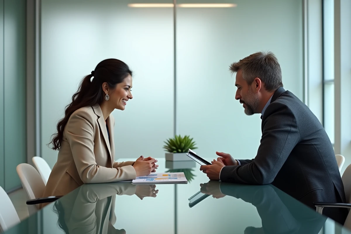Deux professionnels analysant des rapports business et des tableaux de bord dans une salle de réunion moderne