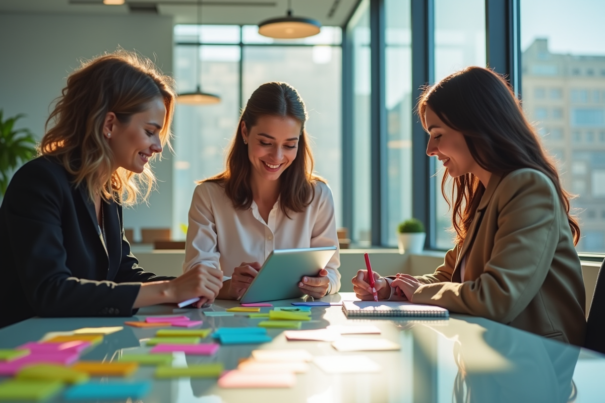 Trois professionnels collaborant dans un bureau lumineux