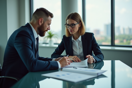Deux professionnels en costume examinent un rapport financier