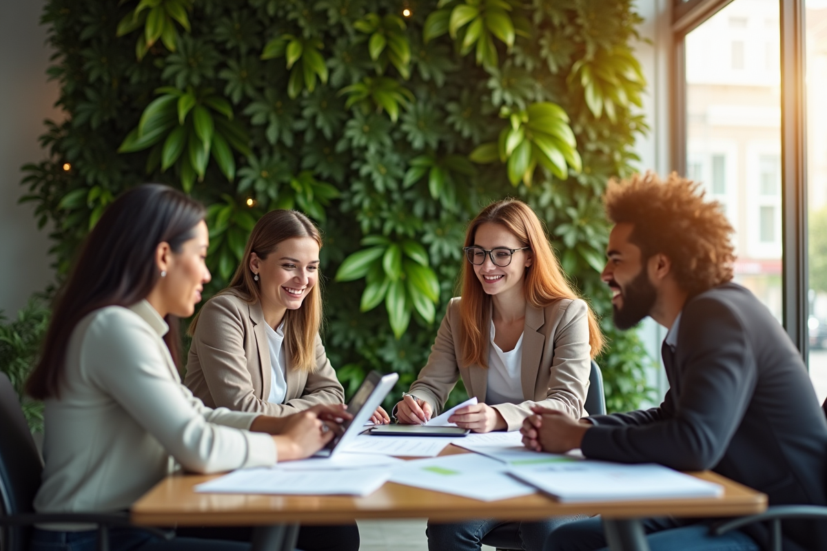 Quatre professionnels collaborent dans un bureau moderne avec mur végétal