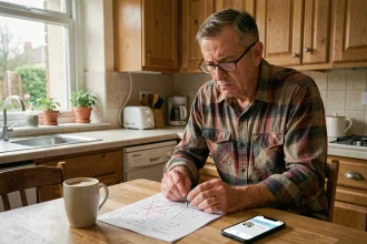 Propriétaire mécontent examinant un devis de chantier peu clair sur sa table de cuisine