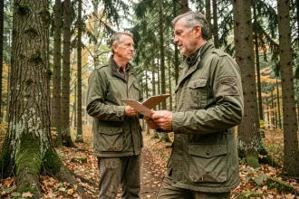 Propriétaire forestier examinant des documents de gestion en bordure de forêt de feuillus en automne