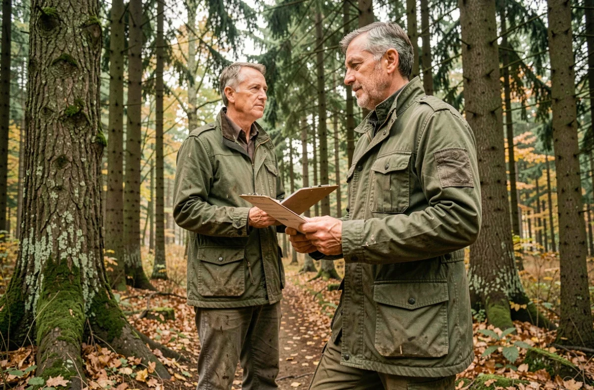Propriétaire forestier examinant des documents de gestion en bordure de forêt de feuillus en automne