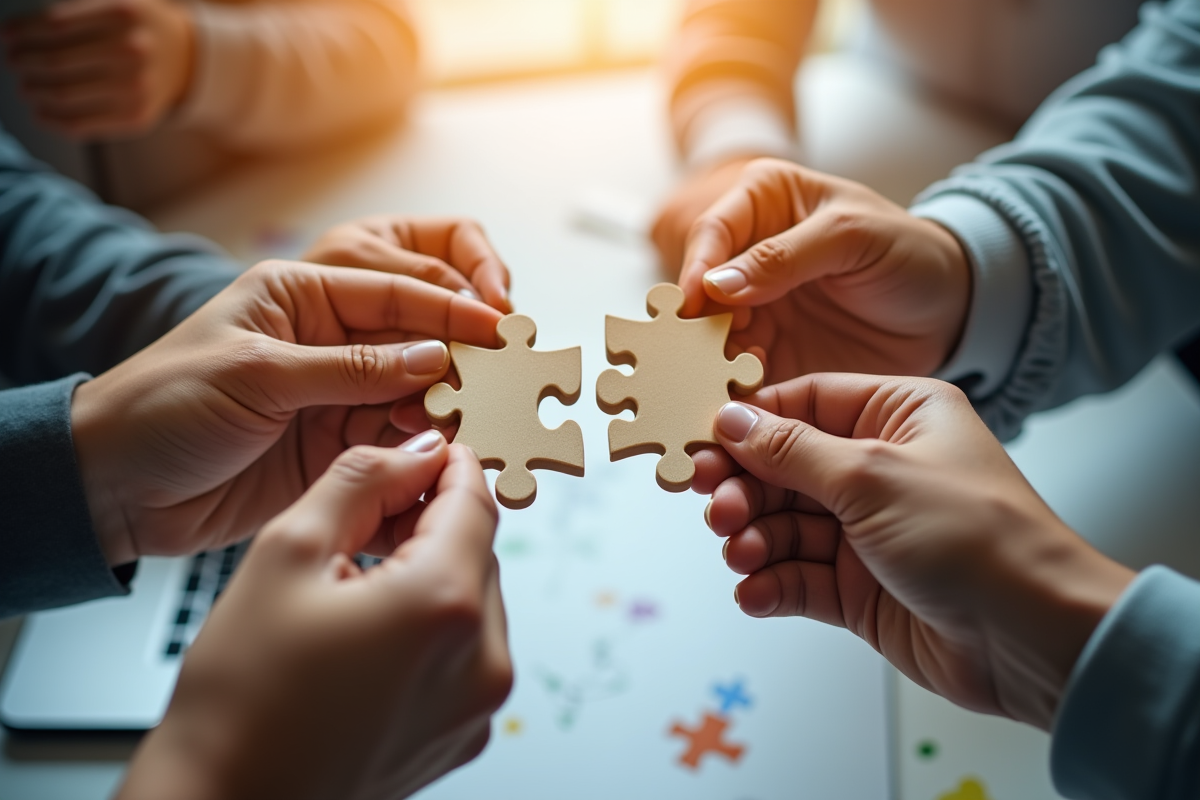 Mains de différentes personnes tenant des pièces de puzzle