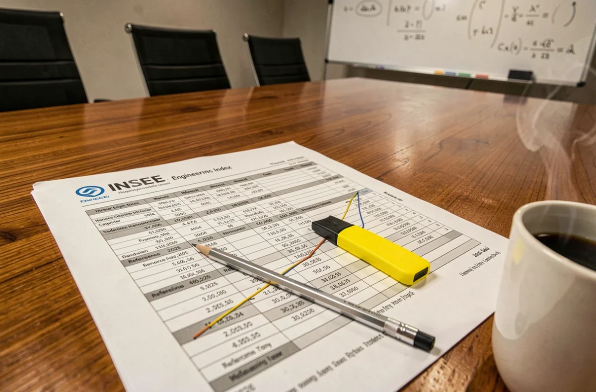 Gros plan sur un rapport imprimé de l'index ING INSEE base 2026 avec tableaux de données et courbes annotées au crayon sur une table de réunion