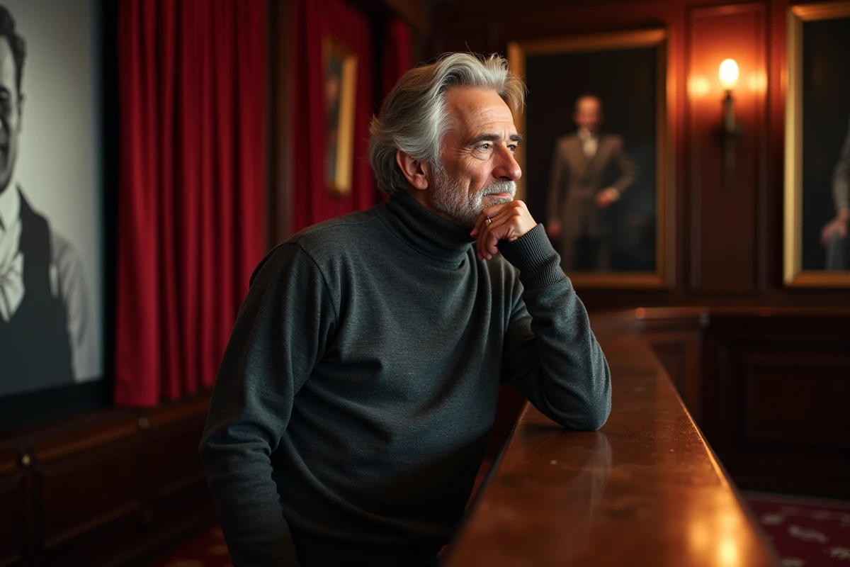 Réalisateur ou producteur de cinéma posant dans le hall d'un cinéma d'art et d'essai parisien, ambiance culturelle et cinéphile