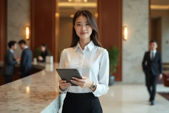 Réceptionniste d'hôtel souriante en uniforme blanc derrière un comptoir de luxe, illustrant l'évolution de carrière dans l'hôtellerie