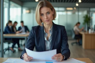 Femme professionnelle en blazer marine relisant des documents dans un bureau moderne, illustrant la rédaction professionnelle en établissement