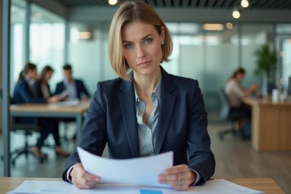 Femme professionnelle en blazer marine relisant des documents dans un bureau moderne, illustrant la rédaction professionnelle en établissement