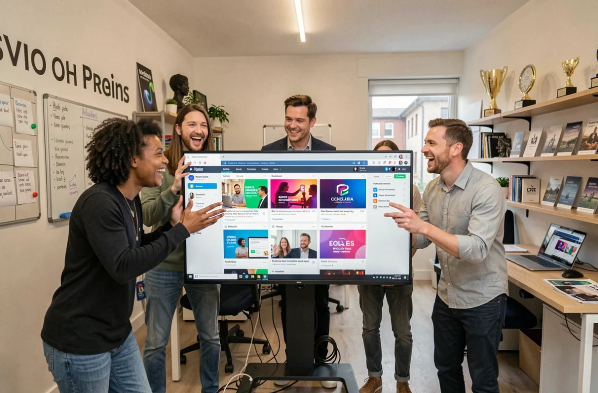 Équipe polyvalente de l'agence Redback travaillant sur une campagne digitale multicanal combinant web, réseaux sociaux et branding