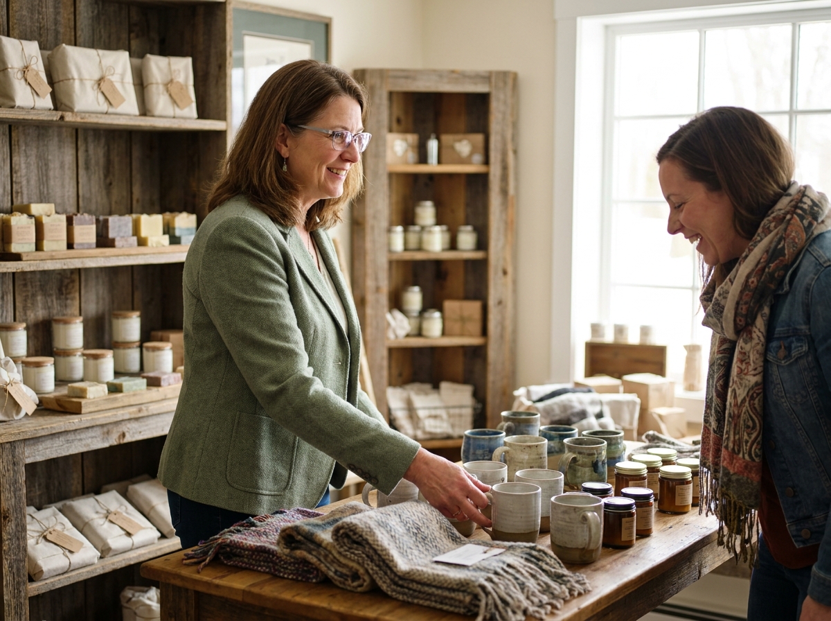 Commerçante fidélisant une cliente habituée en lui présentant des produits artisanaux dans une boutique indépendante