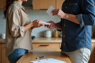 Échange d'une enveloppe et d'un document signé entre deux particuliers lors d'une transaction rémunérée à domicile