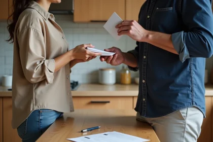 Échange d'une enveloppe et d'un document signé entre deux particuliers lors d'une transaction rémunérée à domicile