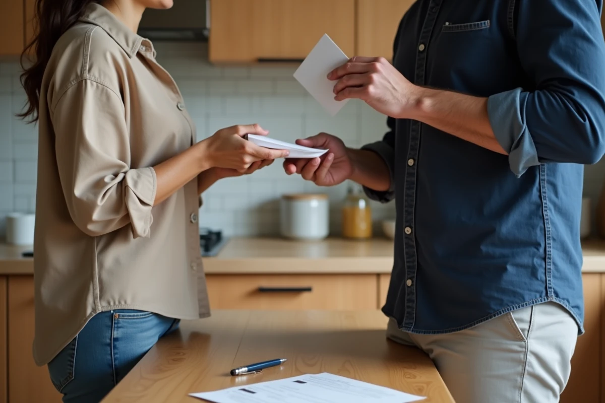 Échange d'une enveloppe et d'un document signé entre deux particuliers lors d'une transaction rémunérée à domicile