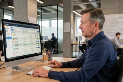 Responsable achats BTP consultant un portail fournisseurs unique sur ordinateur dans un bureau moderne