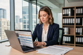 Responsable export féminine analysant des documents de dédouanement sur ordinateur portable dans un bureau moderne