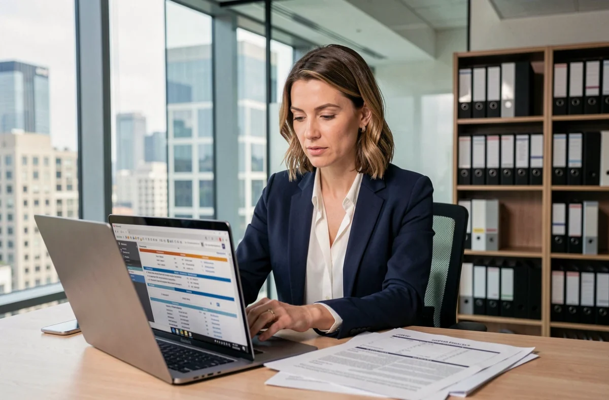 Responsable export féminine analysant des documents de dédouanement sur ordinateur portable dans un bureau moderne