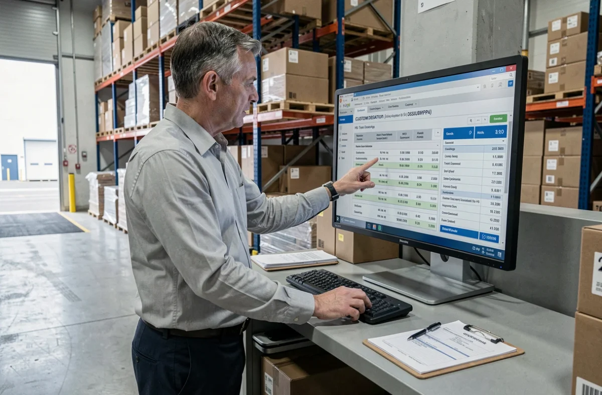 Responsable logistique consultant un logiciel de déclaration douanière dans un entrepôt d'exportation