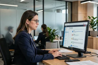 Responsable RH analysant un tableau de bord SIRH en conformité RGPD sur écran d'ordinateur dans un bureau moderne